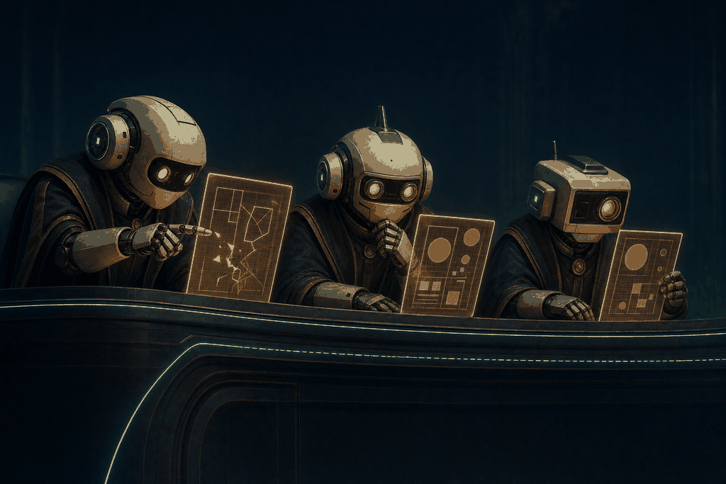 3 robot judges at a raised bench, each studying a glowing document, one pointing at a flaw