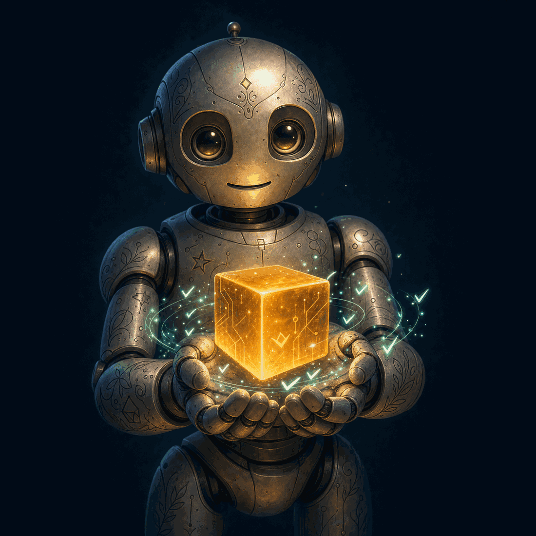 Friendly robot presenting a glowing cube of finished work, ringed by small check marks