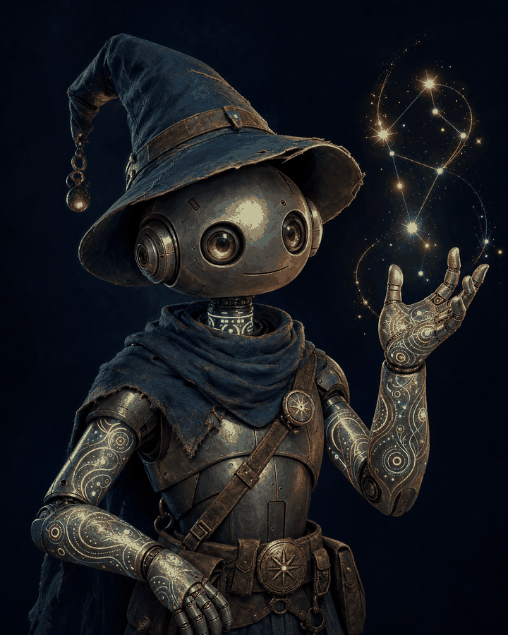 Robot wizard in a tilted hat conjuring a constellation of glowing data sparks