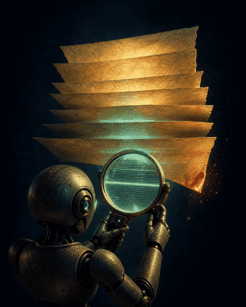 Robot inspector holding a glowing lens to a stack of documents, one page failing the scan